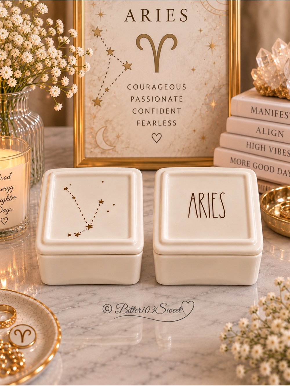 Aries Zodiac Ceramic Trinket Boxes Set of 2 ♈ Astrology Constellation